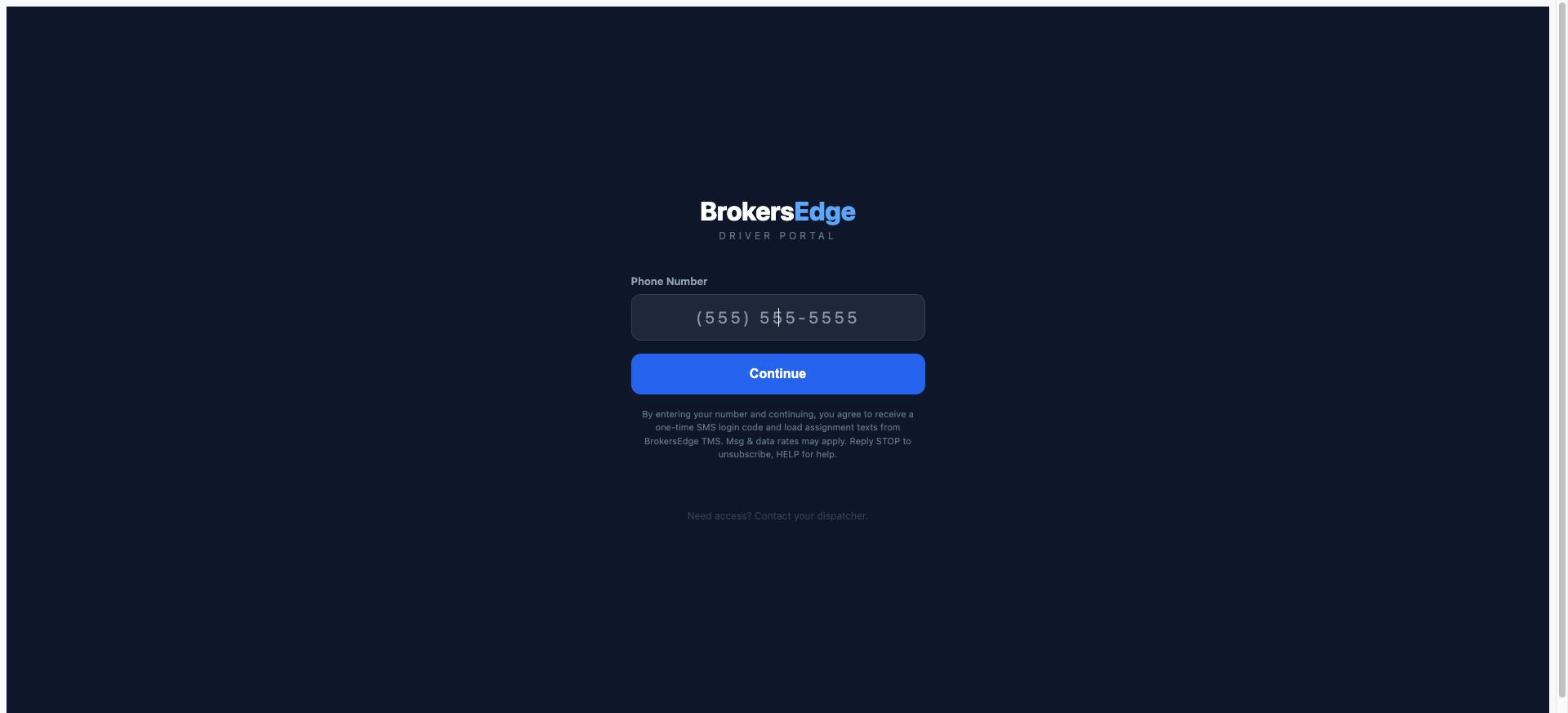 BrokersEdge Tracking driver app phone number entry screen showing SMS consent disclosure