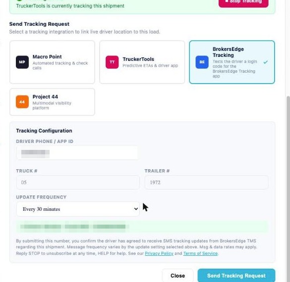 BrokersEdge TMS driver phone number collection form showing SMS consent disclosure